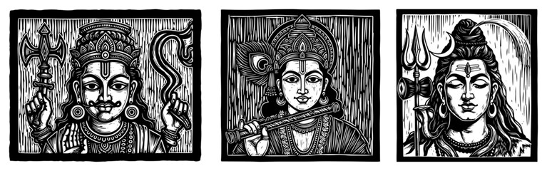 Fototapeta premium Hindu gods hanuman krishna and shiva vintage woodcut portraits vector illustration
