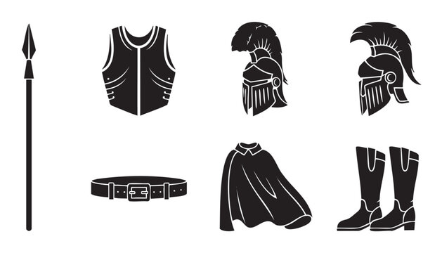 Collection of ancient warrior equipment icons, including a helmet, spear, armor, and cloak, presented as black silhouettes in a minimalist graphic style
