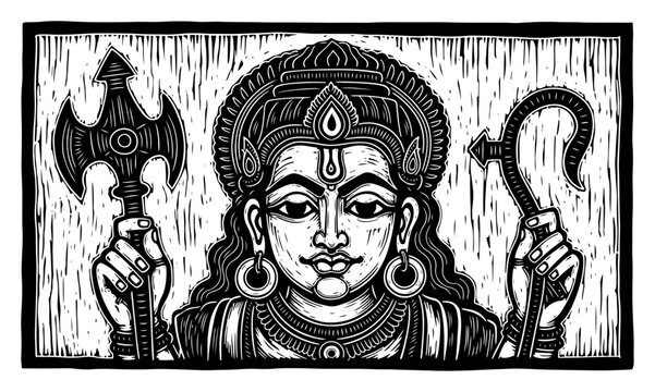 Vintage linocut portrait of Hindu deity holding axe and goad weapon vector illustration