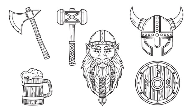 Hand-drawn set of fantasy dwarf warrior icons in a black outline style, featuring a bearded character, battle axe, war hammer, horned helmet, runic shield, and a wooden mug of beer