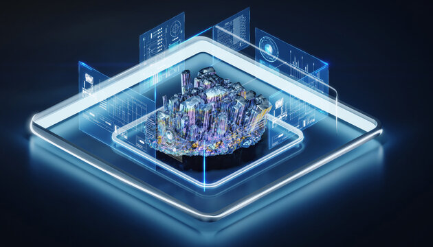 Rare Earths in a Digital Frame: A fascinating macro view of a glowing rare earth encased in a futuristic digital frame, complete with technological components and data streams.