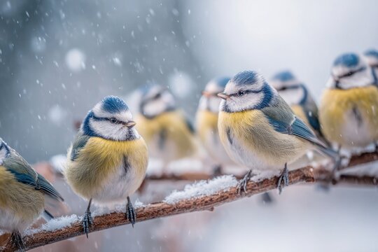 Snowy Garden Birds on Branches