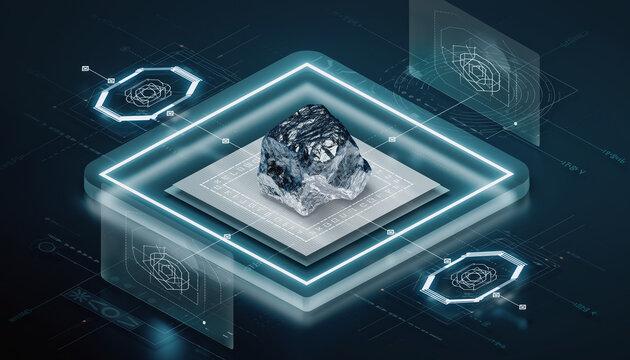 Technological Marvel: A conceptual illustration showcases a complex technological design, where a lustrous stone is centrally placed on a microchip, surrounded by luminous, modern graphics.
