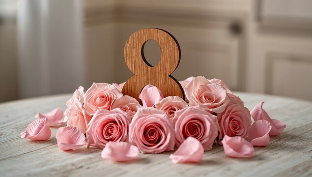 Celebration Centerpiece With Wooden Number Eight Surrounded by Pink Roses on a Wooden Table