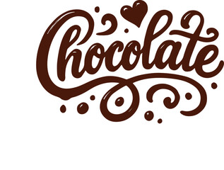 Handwritten chocolate word, brown elegant script with heart detail