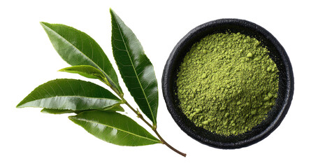 Fresh green leaves beside a bowl of vibrant green powder (1)