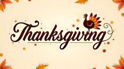 Obraz premium Minimalist Thanksgiving typography enhanced with simple leaf outlines, soft orange tones, and a silhouette turkey