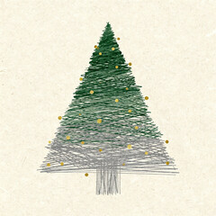 Árvore de Natal minimalista e abstrata composta por linhas finas desconectadas, em tons verdes e cinzas sóbrios, adornada com pontos dourados que simbolizam luzes, sobre fundo bege texturizado