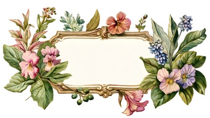 Ornate decorative frame adorned with detailed watercolor style botanical illustrations surrounds a blank parchment area.