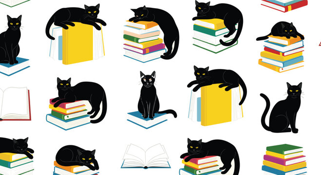 Collection of mischievous black cat characters sitting and sleeping on colorful stacks of books, representing reading, education, libraries, literature, and magic or occult themes in modern flat desig