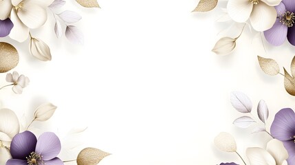 Elegant floral arrangement decorates the corners of a bright white background