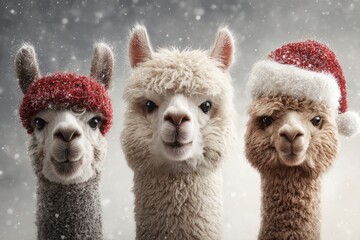 Obraz premium Festive alpacas in winter hats