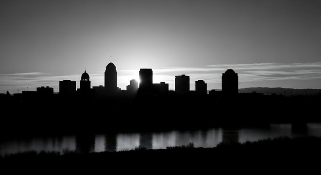 Stylized Bakersfield City Skyline Black and White Silhouette Showing Modern and Historic Architecture, Urban Landmarks, Clean Minimalist Monochrome Urban Design, and Elegant City Silhouette