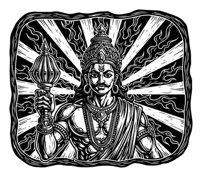 Portrait of Hindu warrior god holding Gada mace weapon with sunburst background in vintage woodcut style vector illustration