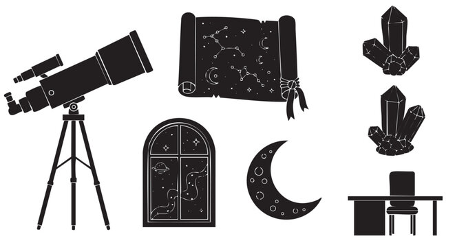 Collection of black silhouette icons related to astronomy and astrology, featuring a telescope, star chart, crystals, celestial window, and crescent mo