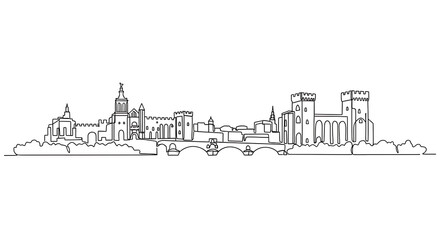 Obraz premium Avignon Skyline One Line Drawing Featuring Historic Landmarks, Medieval Architecture, Urban Silhouette, Minimalist Monochrome Vector Illustration, and Iconic French Cityscape Design