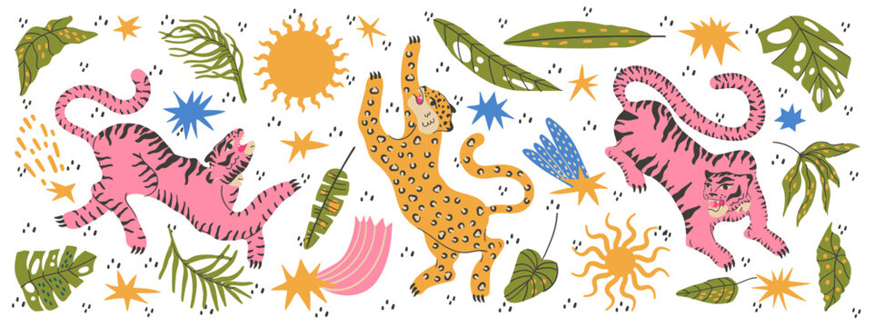 Funky jungle set with leopard tiger and tropical palm leaves.