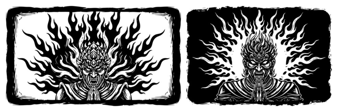 Set of fierce Hindu deity vector portraits with flaming hair and joined hands featuring Agni or Asura face in grunge linocut style