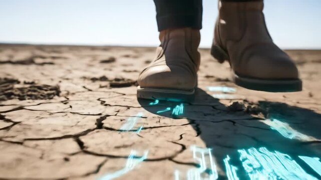 Walking through a cracked desert landscape with technologically advanced boot prints in arid ground