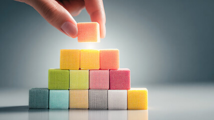 Hand placing a glowing colorful building block on top of a pyramid of blocks symbolizing success and growth