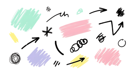 Collection of colorful chalk scribbles and doodles isolated on transparent background