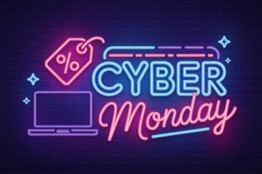 Cyber monday neon sign for online shopping discount sale event