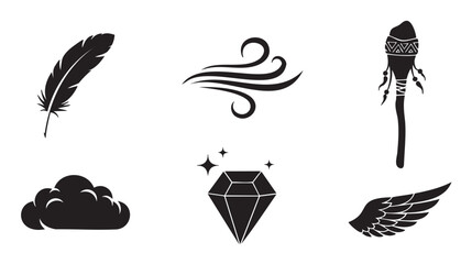 Collection of black silhouette icons representing natural and mystical elements like a feather, wind, cloud, wing, a sparkling diamond, and a tribal scepter