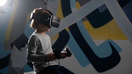 Young boy immersed in virtual reality experience with headset and controllers enjoying digital world - Powered by Adobe