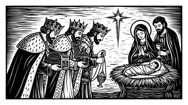 Christmas nativity scene with three wise men woodcut vector illustration