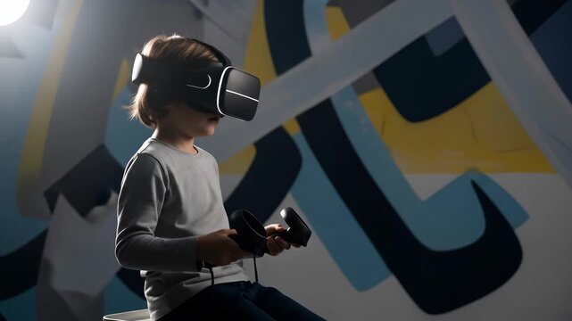 Young boy immersed in virtual reality experience with headset and controllers enjoying digital world