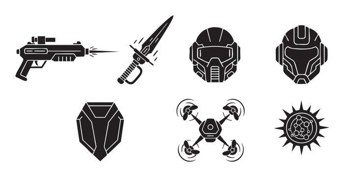 Collection of black silhouette science fiction icons featuring a laser gun, futuristic sword, combat helmets, a shield, drone, and an abstract emblem
