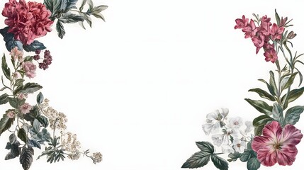Vintage botanical illustrations form decorative floral corners on a white background