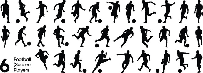 PrintComprehensive Vector Set of Football Soccer Player Silhouettes, Athletes Running and Kicking in Various Active Poses