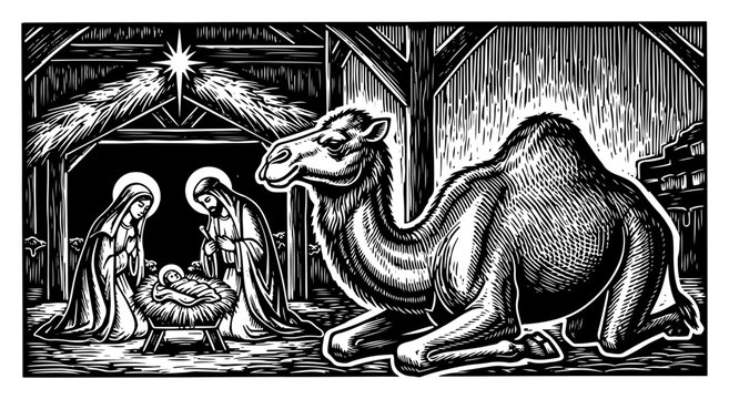 Nativity scene featuring Holy Family and camel in stable vintage woodcut vector illustration