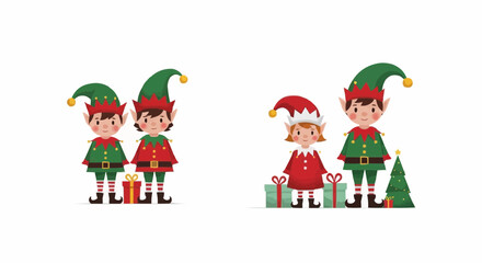 Illustration showing two pairs of christmas elves with gifts and a christmas tree on white background