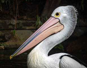 Close-up of a pelican with its distinctive bill and white plumage showing details