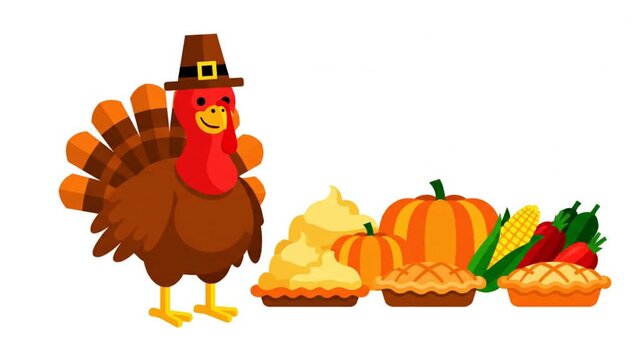 Thanksgiving Turkey Mascot with Feast Table &ndash; Flat Vector Holiday Animation on White Background