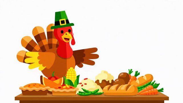 Thanksgiving Turkey Mascot with Feast Table &ndash; Flat Vector Holiday Animation on White Background
