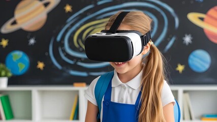 Young student exploring virtual reality in the classroom surrounded with planets and books - Powered by Adobe