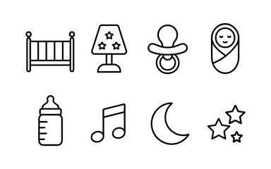 Minimalist baby essentials icons: crib, lamp, pacifier, swaddle, bottle, music note, moon, stars