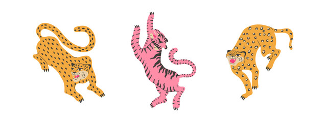 Funky jungle set with comic leopard tiger and wildlife animals.