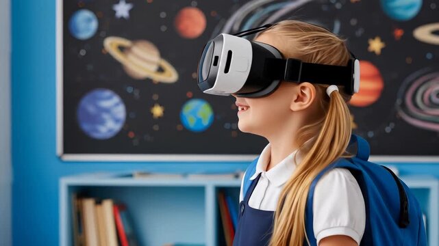 Young student enthusiastically explores virtual reality in the classroom with vibrant space-themed