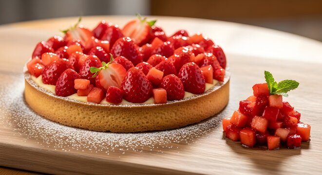 Round tart placed next to diced caramelized strawberies