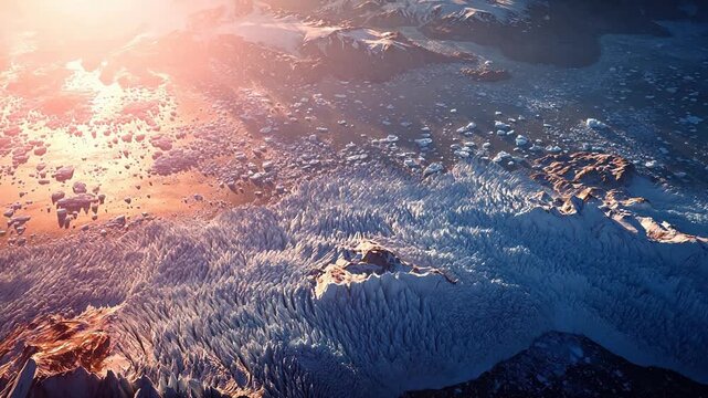Aerial view of icy landscape with sun
