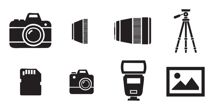 Set of black silhouette icons representing various photography equipment and accessories, including a camera, lens, tripod, and flash