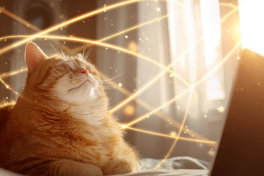 Charming cat sits like a pro at laptop in sunlit room. Cat at work. Why 5g is the backbone of the connected digital economy. Ai and 5g. 5g video calls.