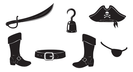 Collection of black silhouette pirate accessories including a hat with a skull and crossbones, a cutlass sword, a hook, boots, a belt, and an eyepatch