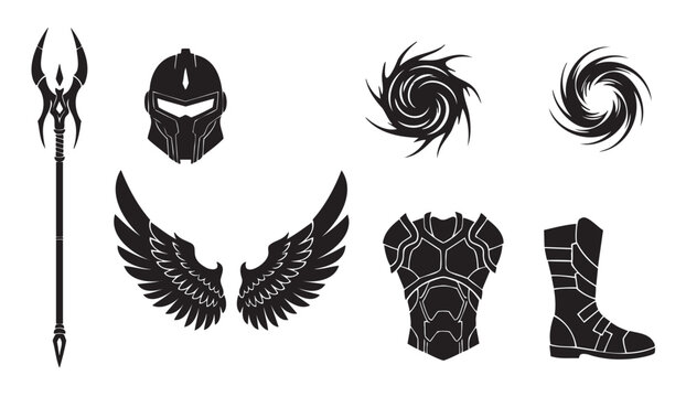 Fototapeta Collection of fantasy and sci-fi character assets in a black silhouette style, including a helmet, armor, boot, weapon, wings, and magical vortex symbols
