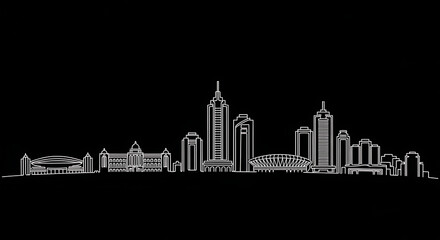 Fototapeta premium Ahmedabad India Skyline Illustration in White Line Art on Black Background Featuring Iconic Temples, Modern Buildings, Urban Silhouette, Minimalist Monochrome Cityscape