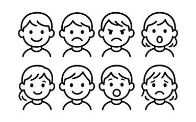 Child emotion faces set: simple line art expressions for kids' mood illustration